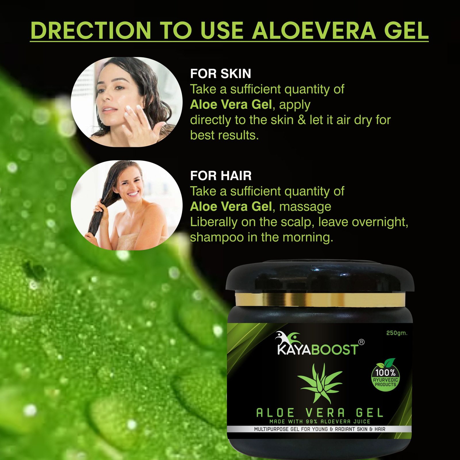 KAYABOOST Aloe Vera Gel 250g – 99% Pure Aloe Vera Juice | Multipurpose Ayurvedic Gel for Face, Skin & Hair | Hydrates, Soothes & Supports Hair Growth