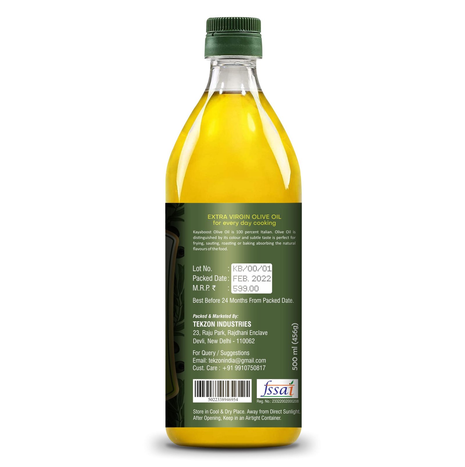 Kayaboost Extra Virgin Olive Oil 500ml – 100% Pure Cold Pressed Olive Oil for Cooking | Rich in Antioxidants, High MUFA & PUFA, Zero Cholesterol
