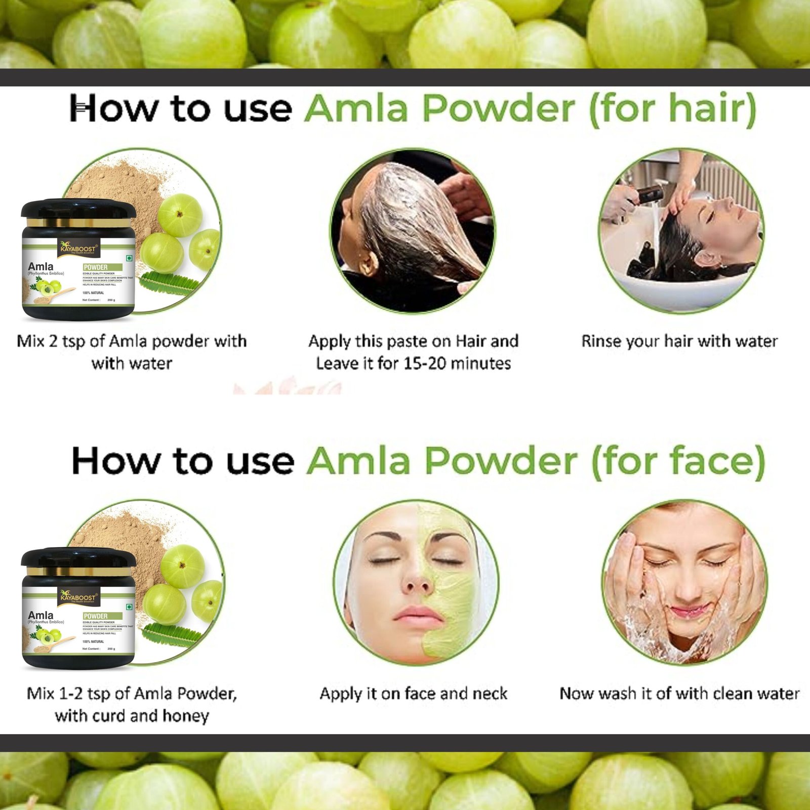 Kayaboost Amla Powder (Phyllanthus Emblica) 200g – 100% Natural & Edible Indian Gooseberry Powder – Rich in Vitamin C for Immunity, Hair Growth, Skin Glow & Digestion Support