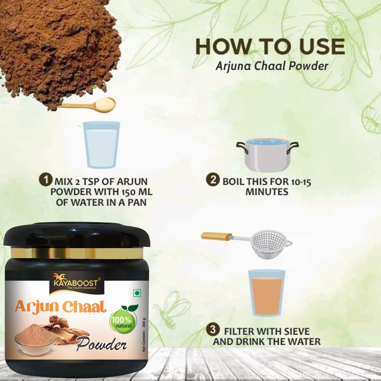 Kayaboost Arjun Chaal Powder (Terminalia Arjuna) 200g – 100% Natural Arjuna Bark Powder for Heart Health, Blood Pressure & Cholesterol Support | Ayurvedic Herbal Supplement