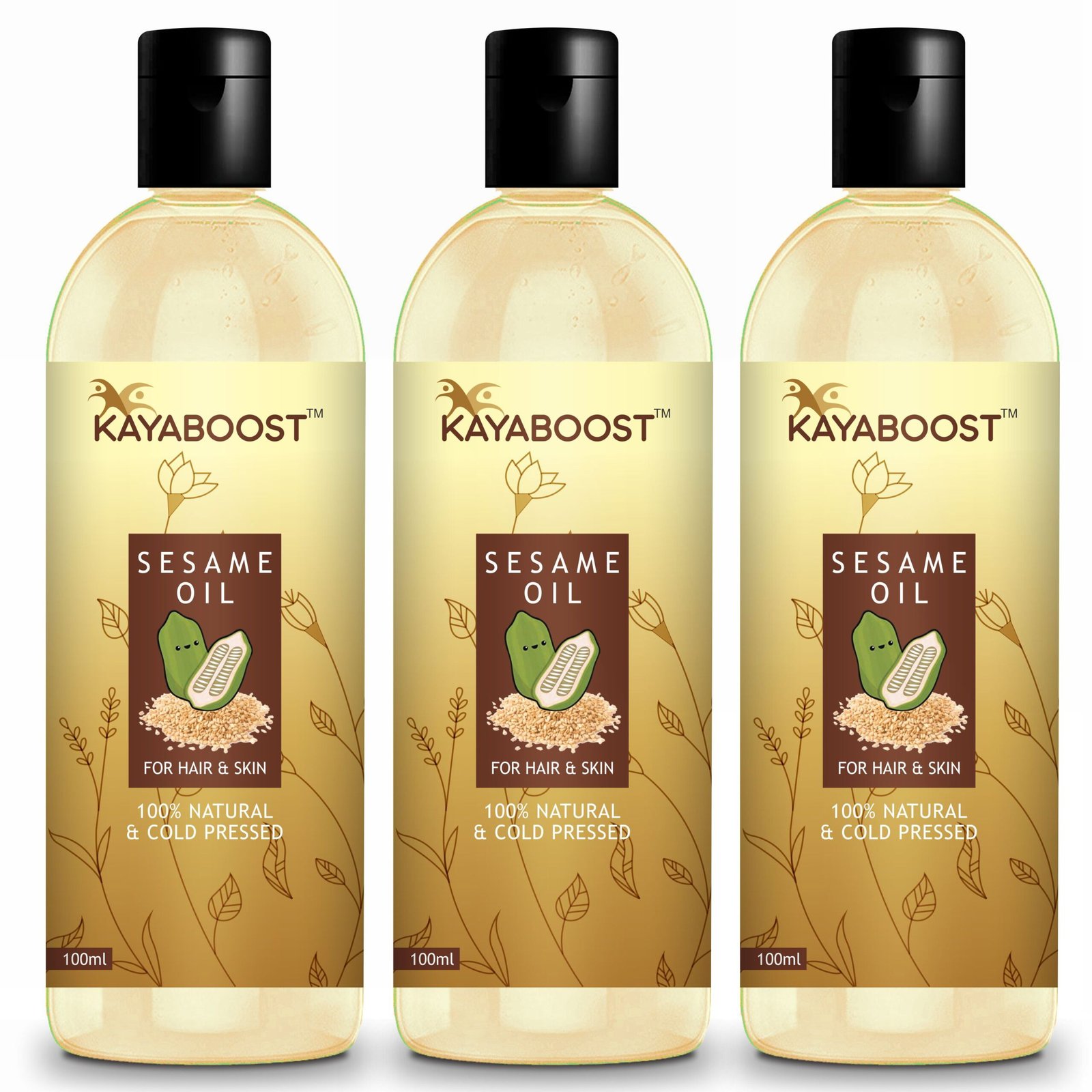 Kayaboost 100% Natural Cold Pressed Sesame Oil for Hair & Skin – Anti Hair Loss, Hair Growth Booster & Deep Nourishment 100ml (Pack of 3)