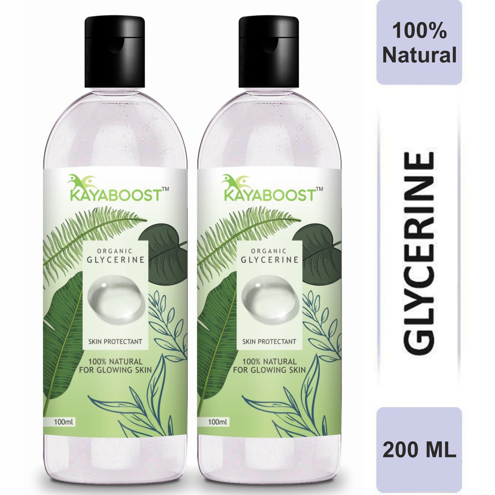 KAYABOOST Organic Glycerine 200ml (Pack of 2) – 100% Pure Vegetable Glycerin for Face, Skin & Hair | Deep Moisturizing Skin Protectant for Dry & Sensitive Skin