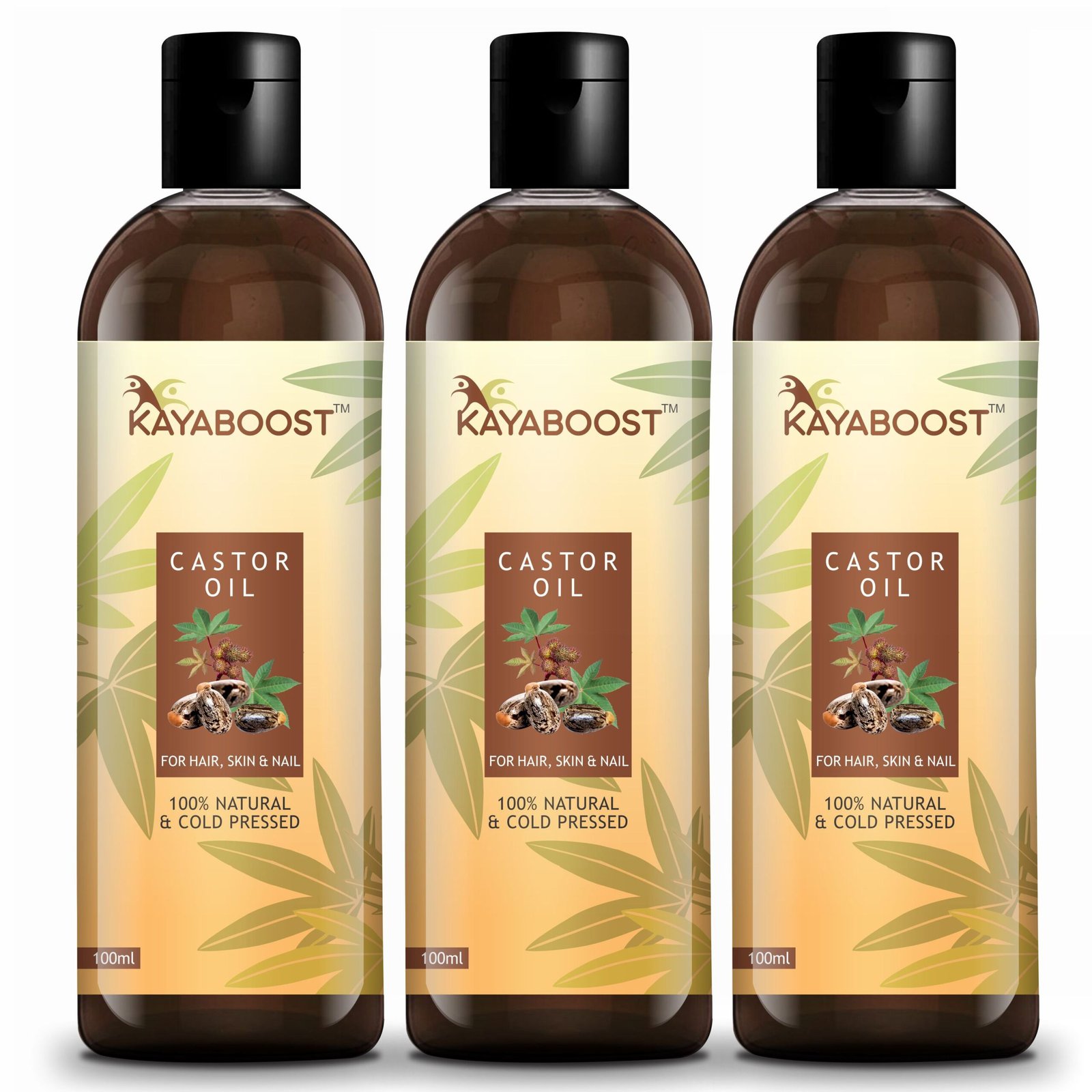 KAYABOOST Castor Oil 100ml (Pack of 3) – 100% Pure & Cold Pressed Natural Castor Oil for Hair Growth, Eyelashes, Eyebrows, Skin & Nails | Deep Nourishing Multipurpose Oil