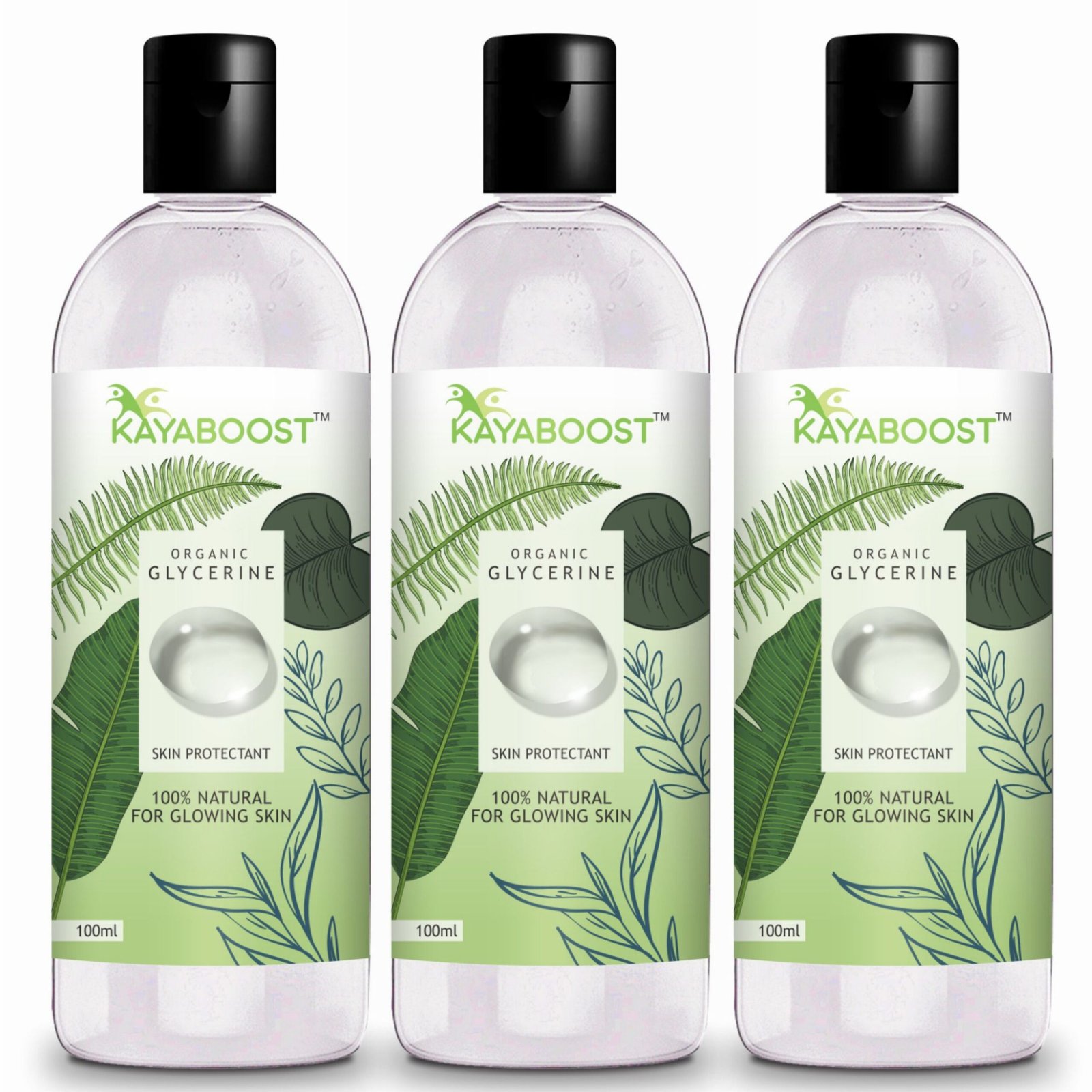 KAYABOOST Organic Glycerine 100ml (Pack of 3) – 100% Pure Vegetable Glycerin for Face, Skin & Hair | Deep Moisturizing Skin Protectant for Dry & Sensitive Skin