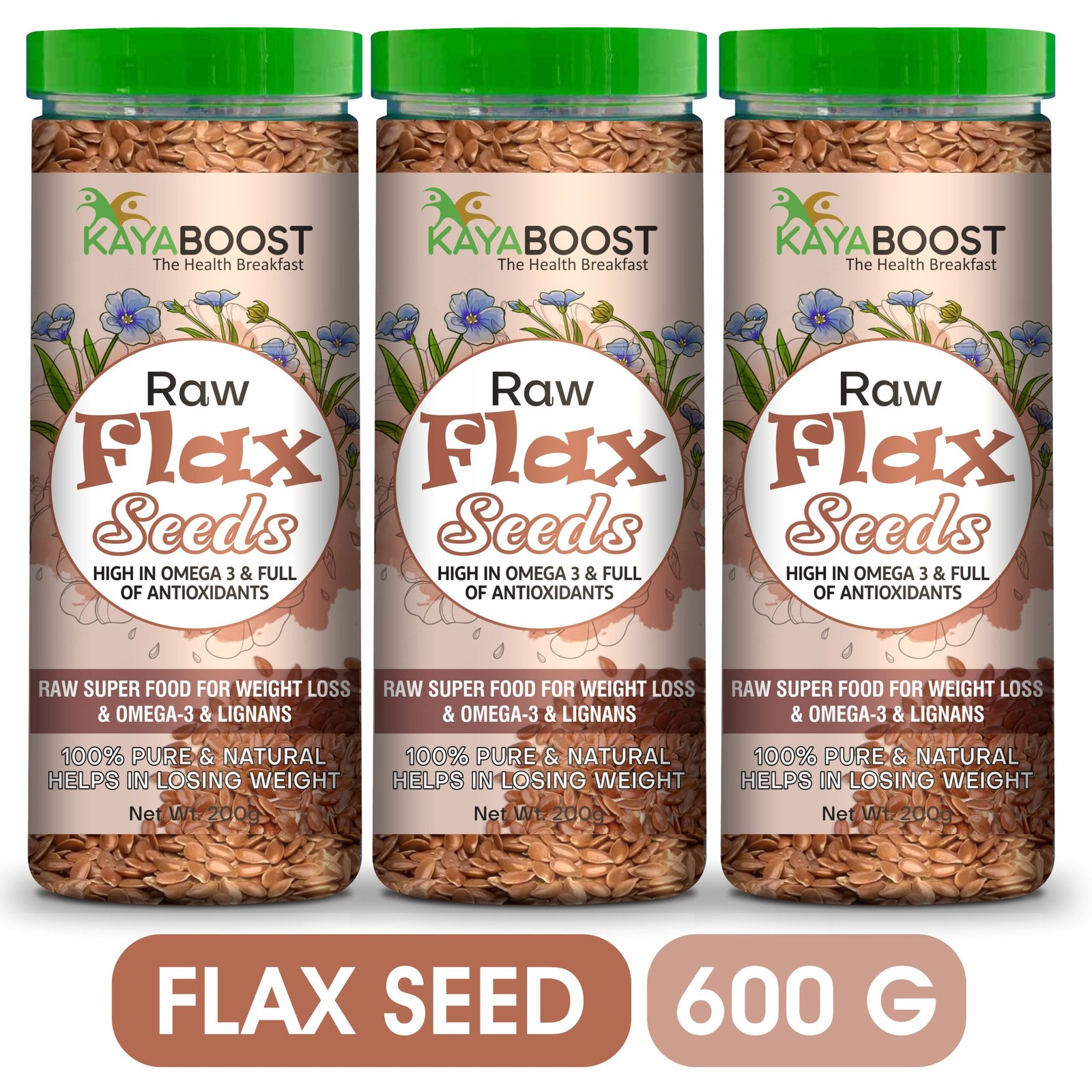 Kayaboost Raw Flax Seeds 200g – 100% Natural & Organic Superfood, Rich in Omega‑3, Fiber & Protein, Supports Heart Health & Weight Management (Pack of 3)